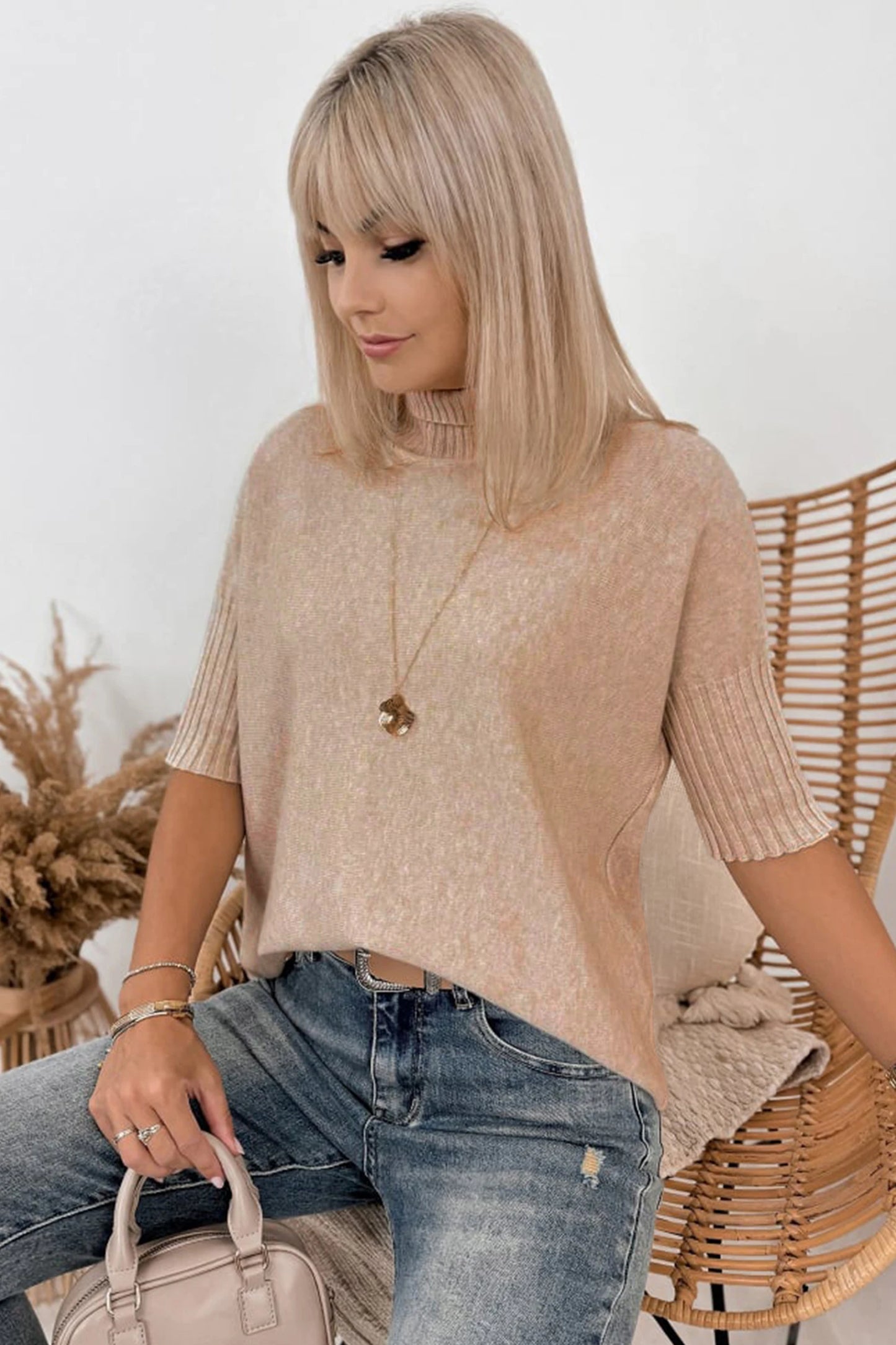 Ribbed Trim High Neck Short Sleeve Casual Sweater