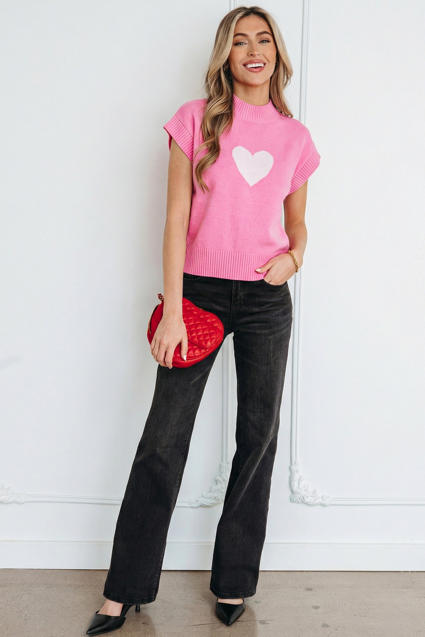 Fiery Red Valentine Heart Graphic Cropped Short Sleeve Sweater