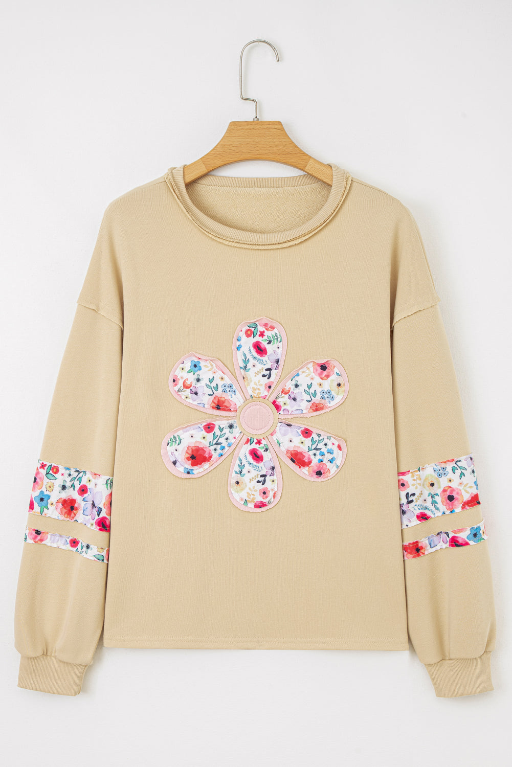 Peach Blossom Floral Applique Baggy Pullover Sweatshirt