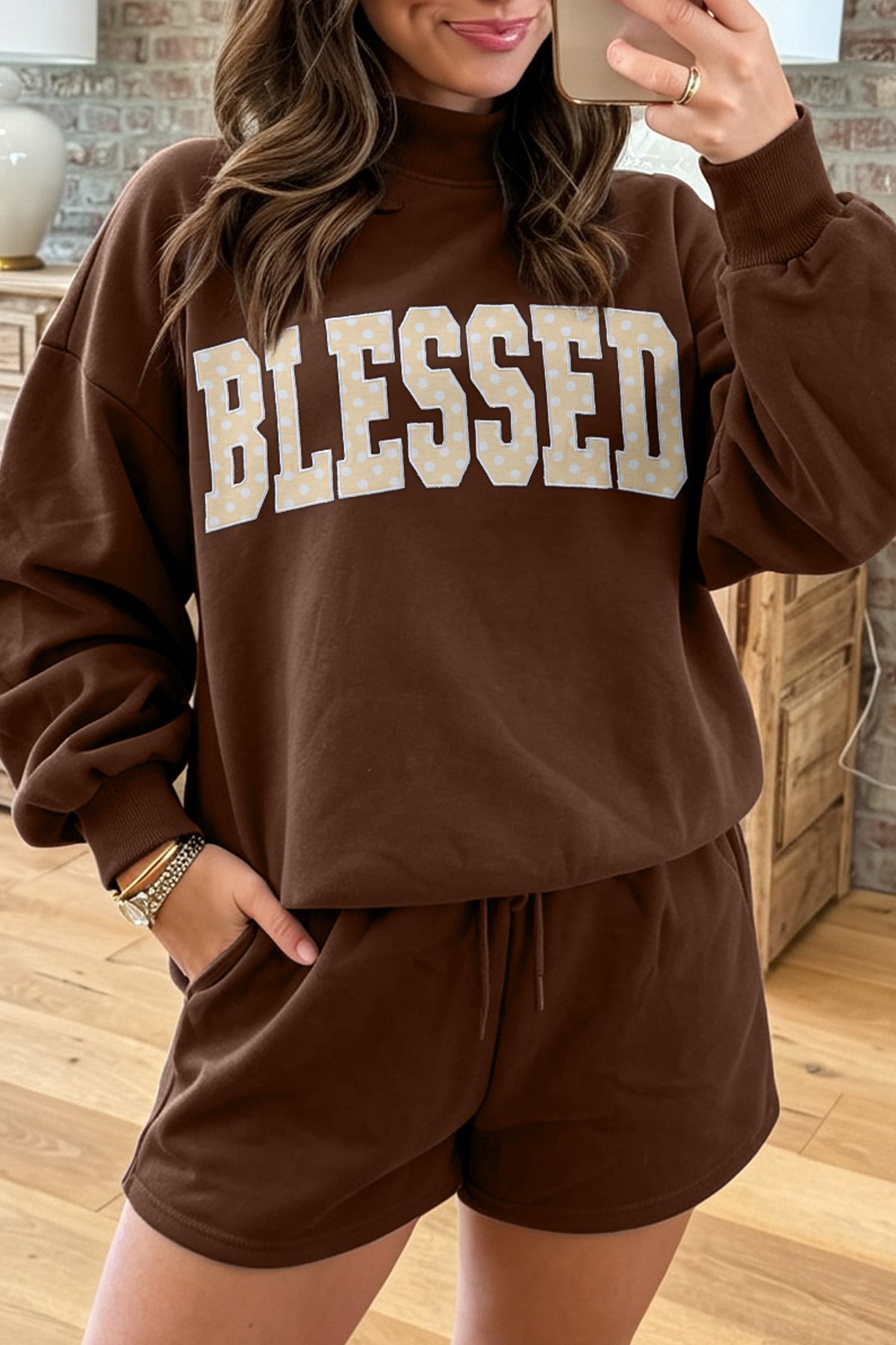 Dark Green Christian Slogan Print Mock Neck Pullover and Shorts Set
