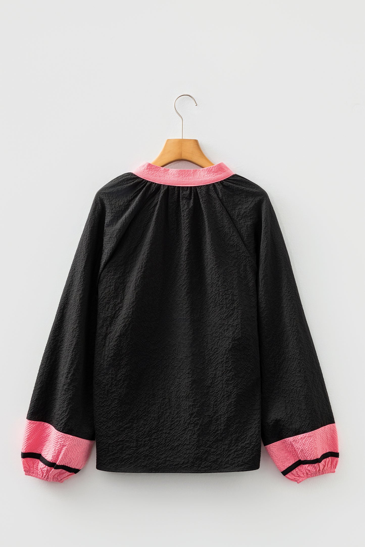 Jet Stream Color Block Patchwork Detail V Neck Textured Long Sleeve Blouse