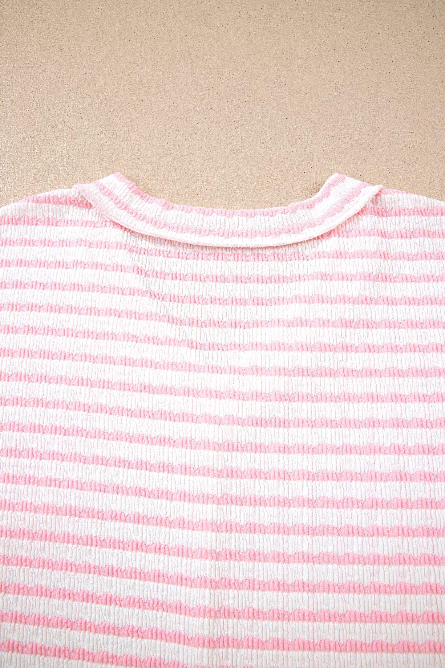 Pink Stripe Plus Size V Neck Exposed Seam Patchwork T Shirt