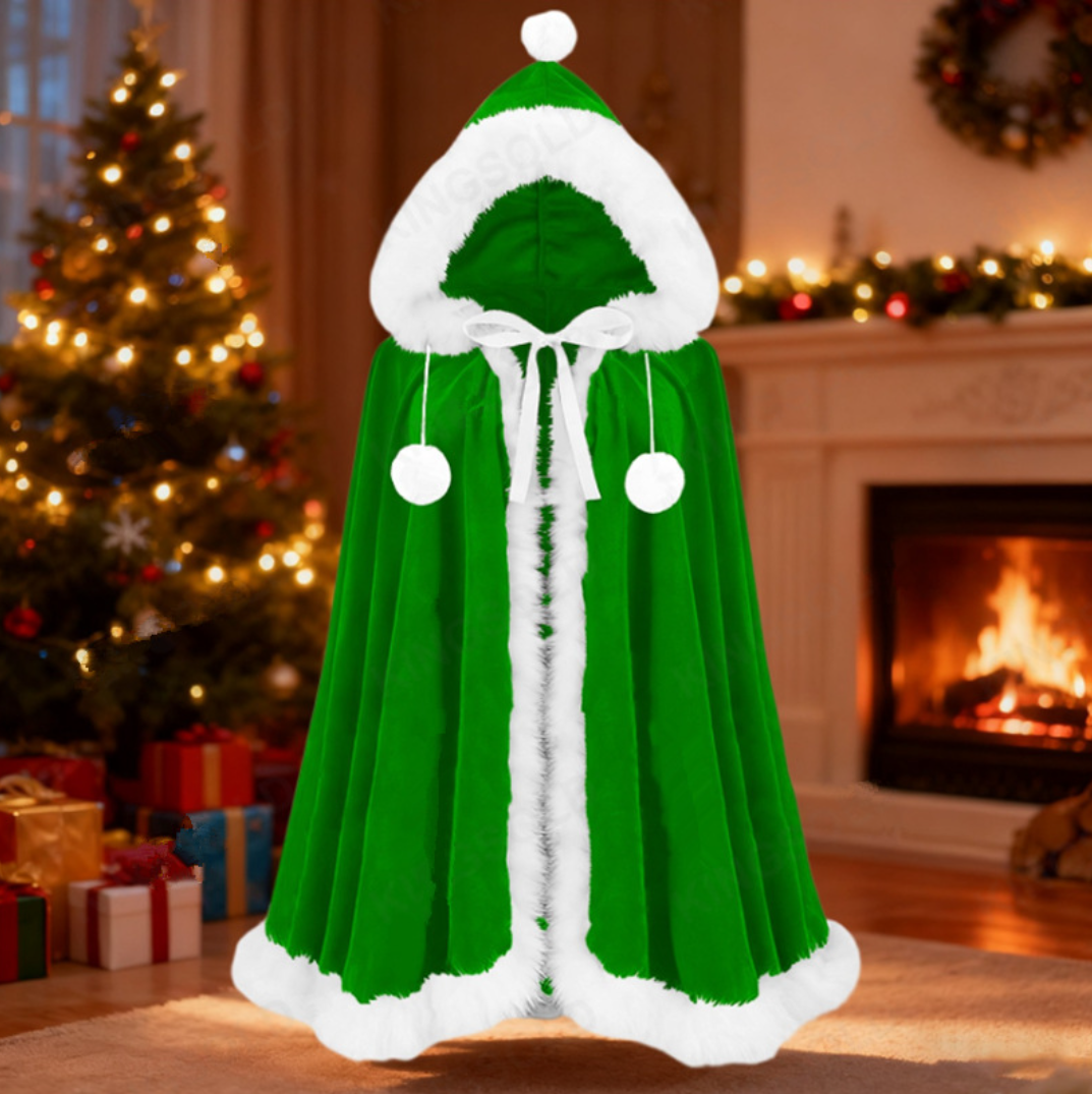 Velvet Hooded Christmas Cape Faux Fur Trim