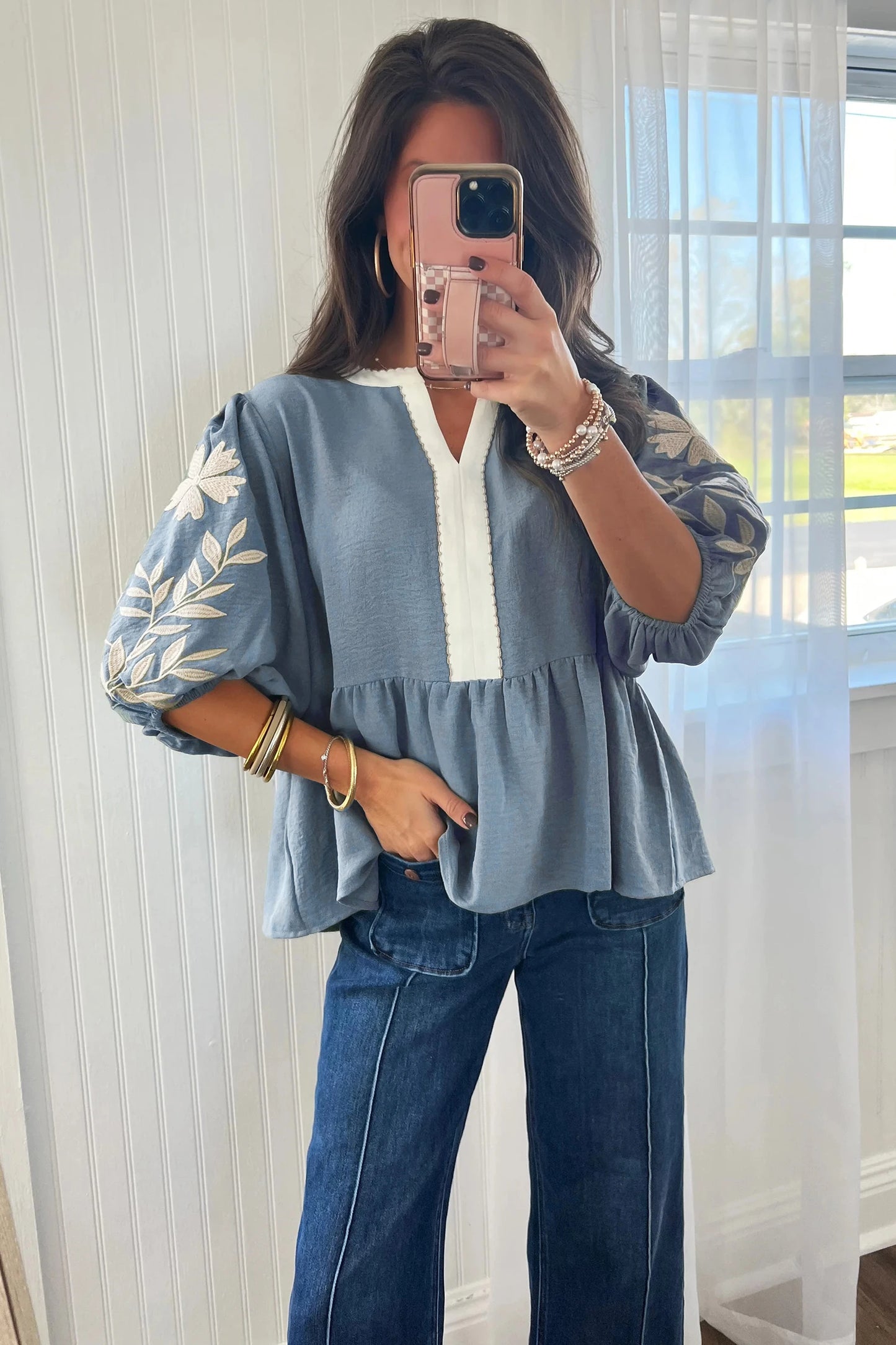 Smoke Green Color Block Patchwork V Neck Embroidered Puff Sleeve Babydoll Blouse