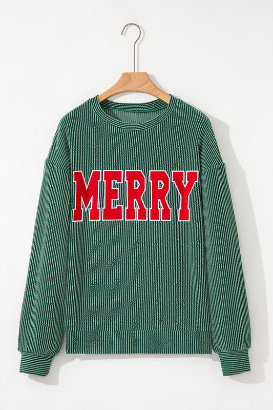 Evergreen Twisted Rib Outlined Merry Letter Graphic Loose Long Sleeve Top