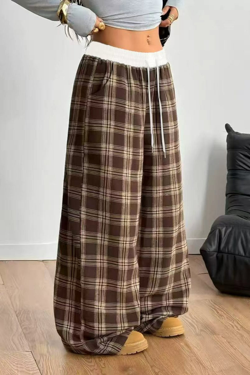 Plaid Wide Leg Pants Drawstring Elastic Waist Casual