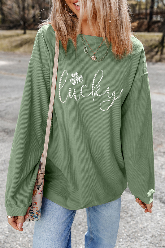 Rhinestone lucky Clover Graphic Ribbed St Patrick Sweatshirt