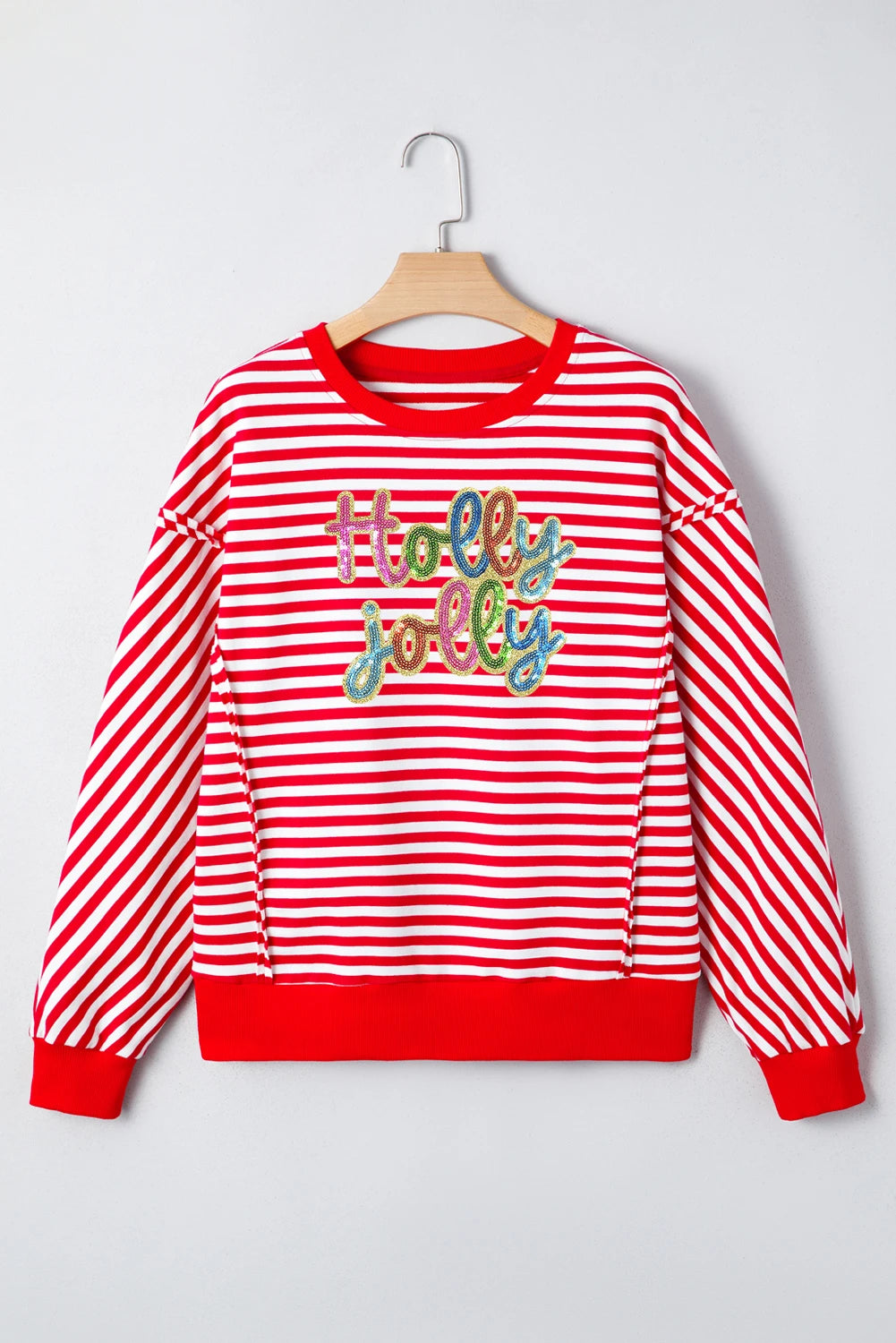 Red Stripe Holly Jolly Sequin Graphic Drop Shoulder Long Sleeve Top