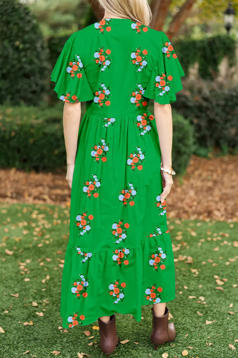 Pink Notched Neck Flutter Short Sleeve Floral Print Maxi Dress