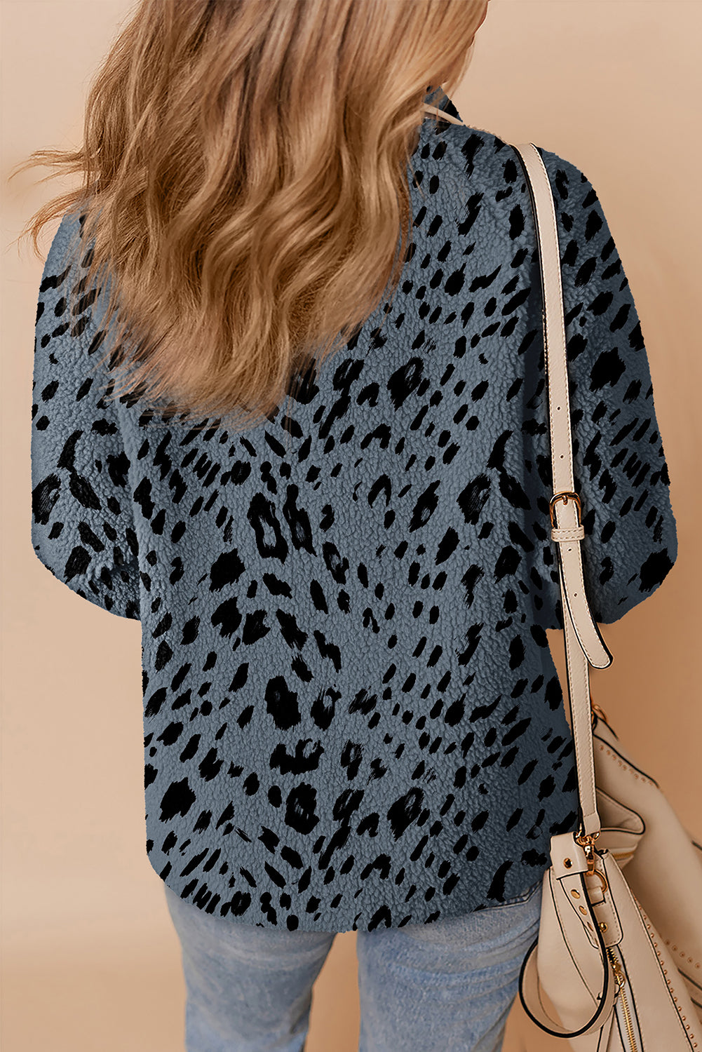 Cow Print Buttoned Stand Collar Fleece Jacket