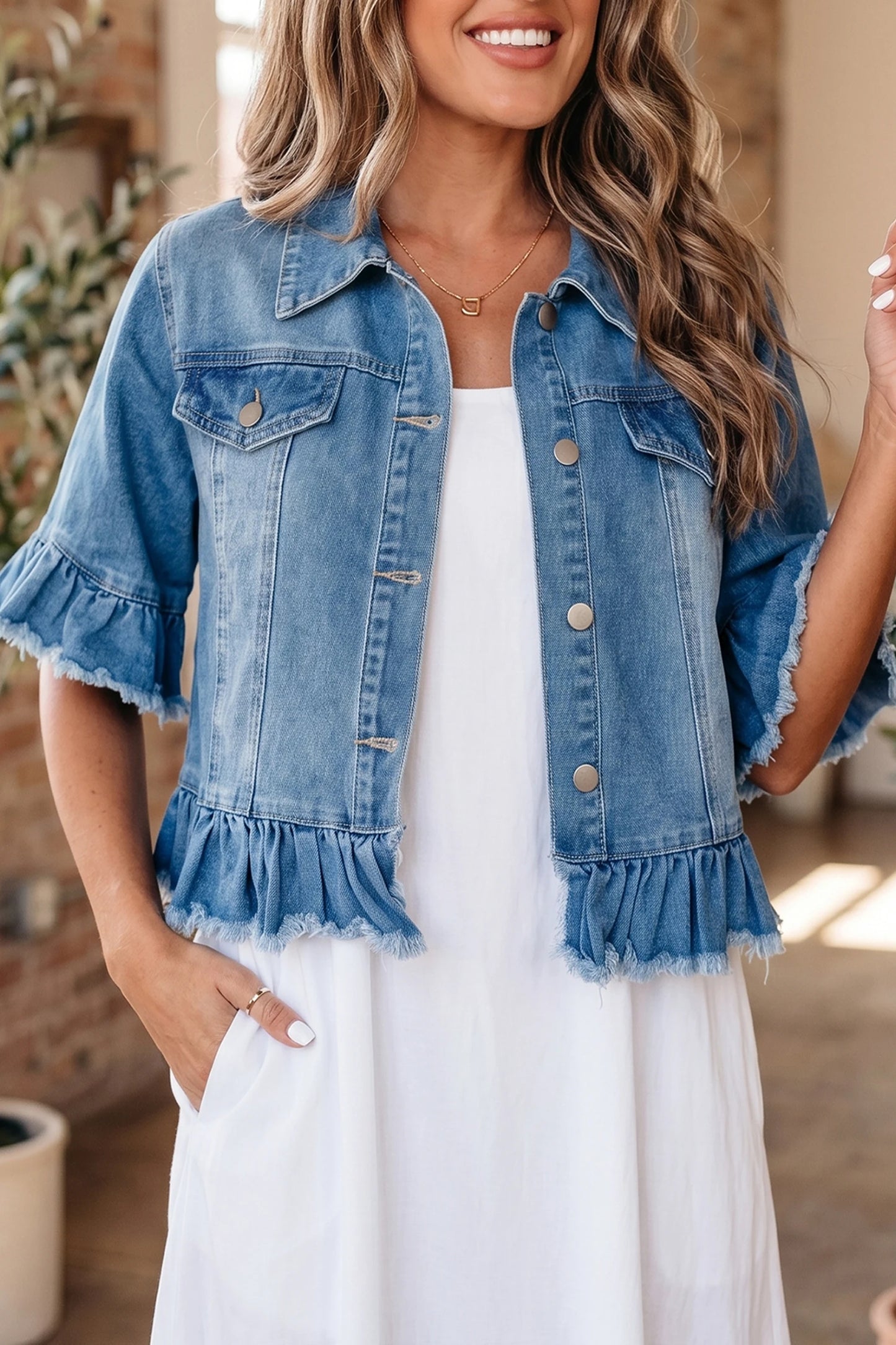 Ruffle Hem Raw Edge Half Sleeve Western Denim Jacket