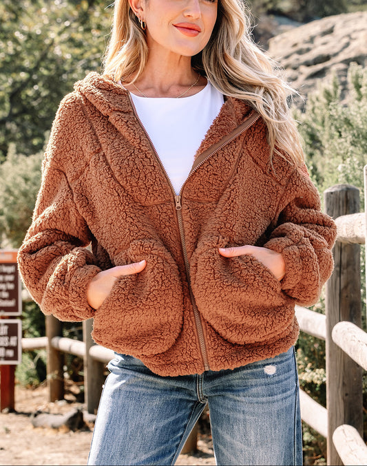 Straw Yellow Zip Up Hooded Sherpa Jacket