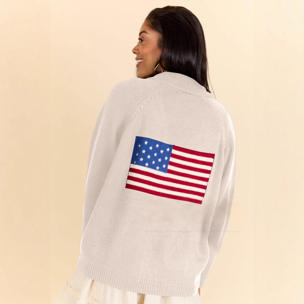 Women's American Flag Knit Patriotic Cardigan Sweater V-Neck