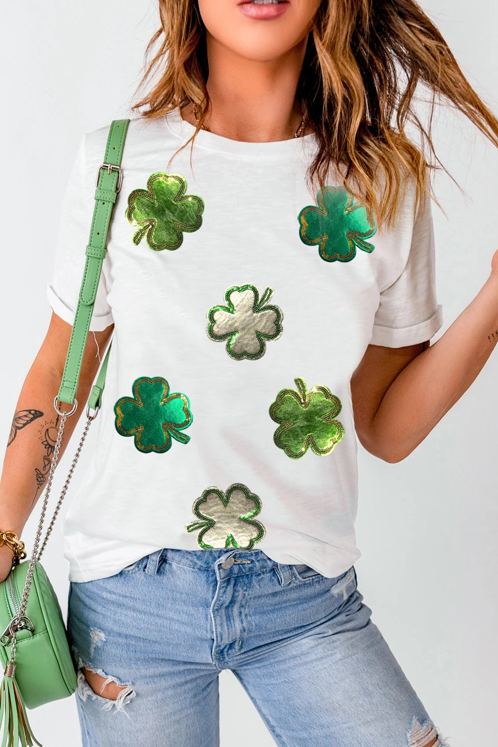 White St.Patrick Clover Crew Neck T Shirt