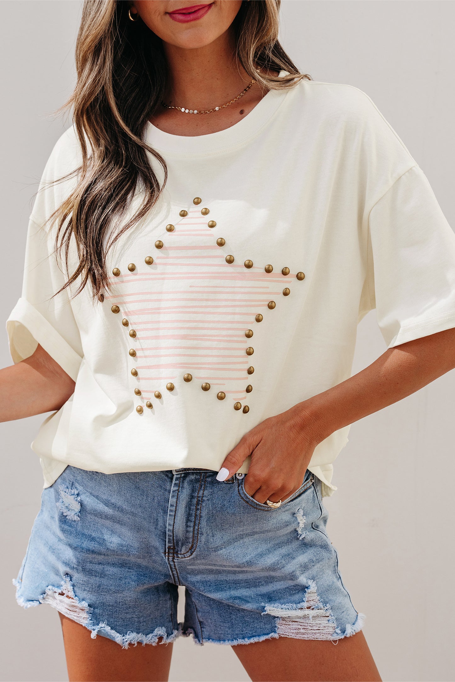 Beige Star Print Stud Detail Cotton Jersey Top