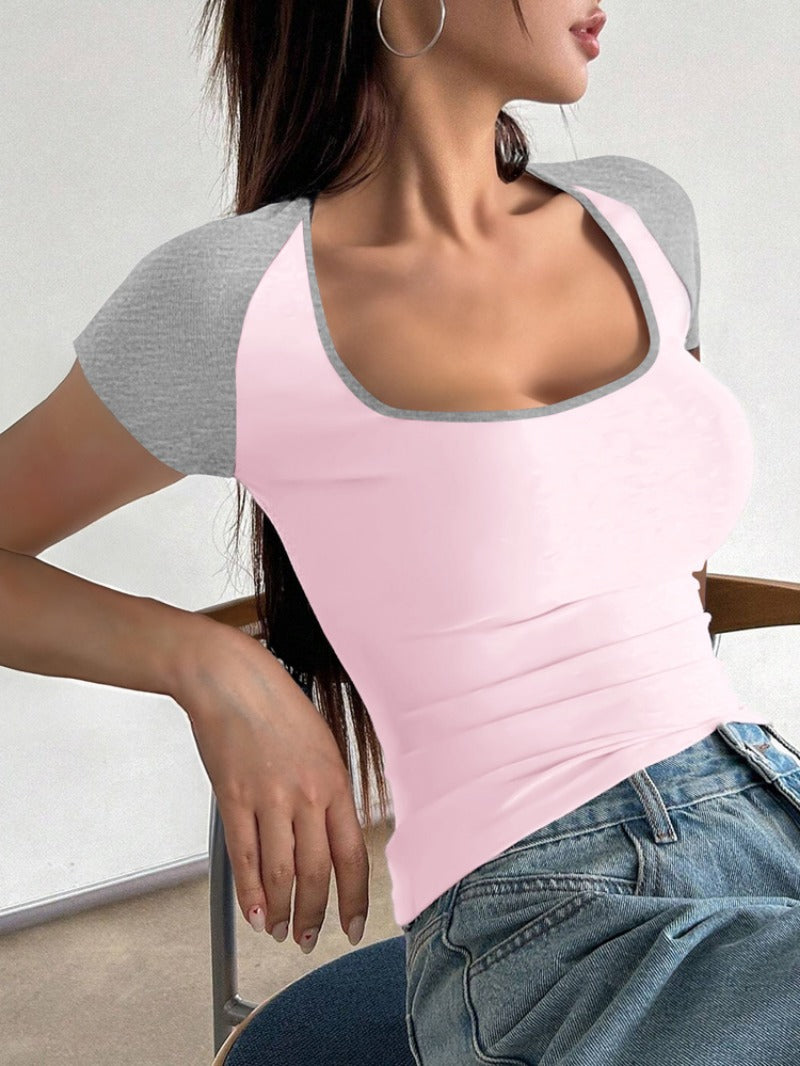 Spring 2025 Slim U Neck Collision Short Sleeve Top Women's T-Shirt