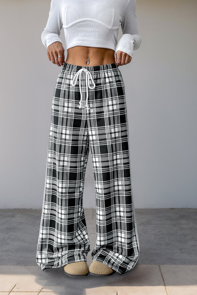 High Waist Plaid Wide Leg Pants Black and White Trousers