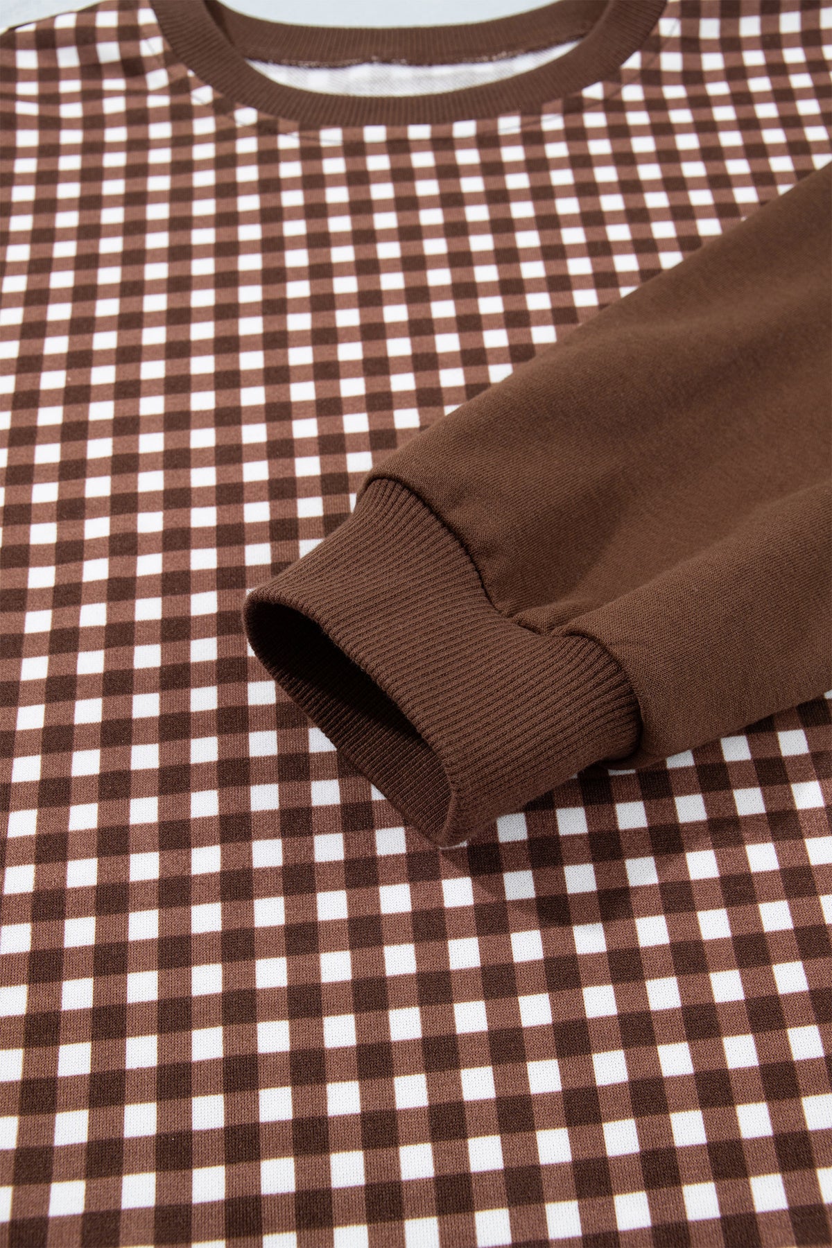 Khaki Color Block Plaid Patchwork Long Sleeve Pullover Wide Leg Pant Set