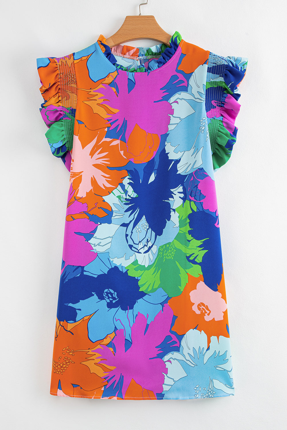 Blue Bold Floral Flutter Sleeve Shift Mini Dress with Pockets