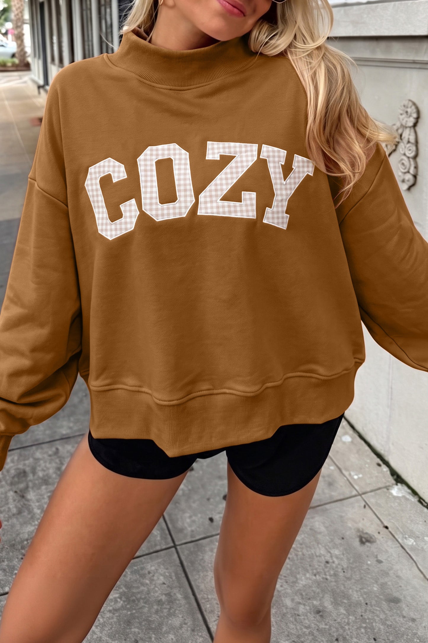 Pink Stay Salty Embroidered Long Sleeve Stand Neck Shift Pullover Sweatshirt