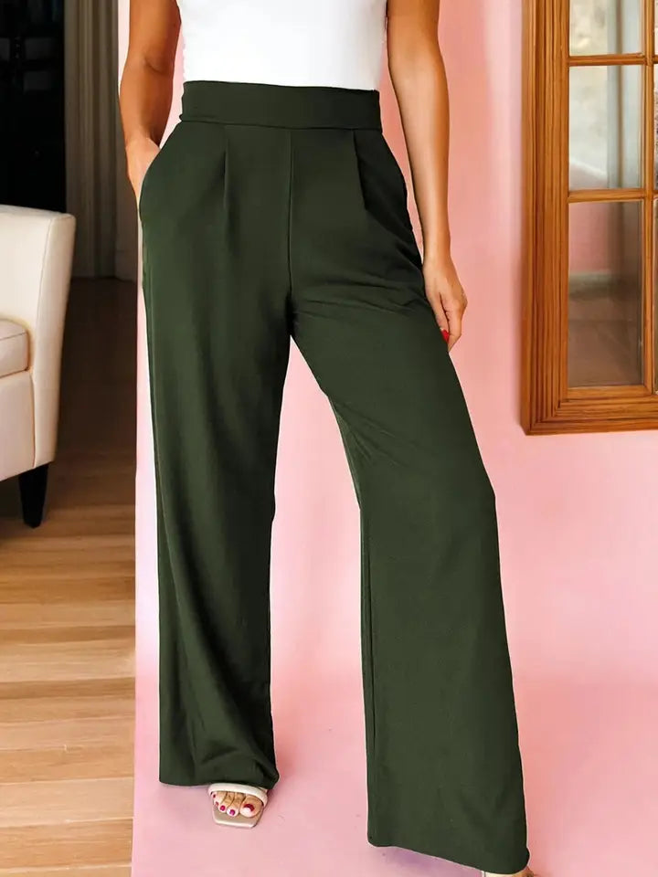 Black Pleated Detail Pull On High Elastic Waist Loose Straight Pants