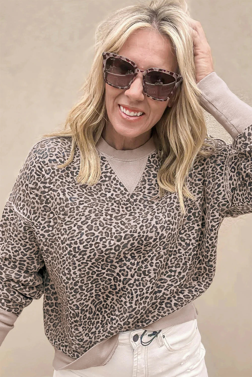 Pink Leopard Print Patchwork Crew Neck Sweatshirt