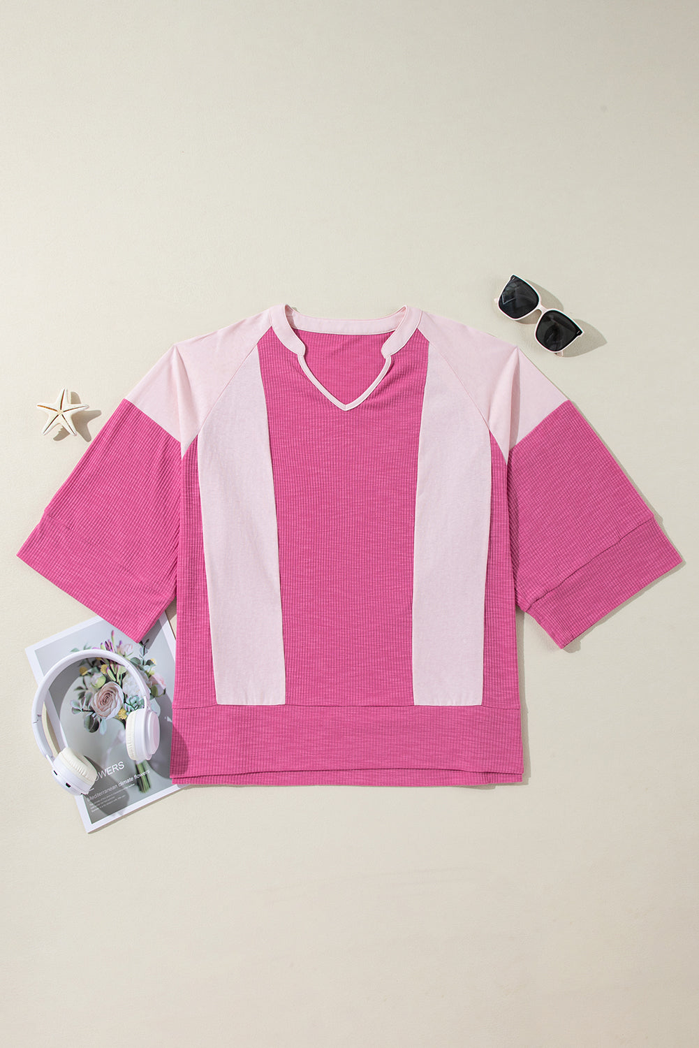 Textured Colorblock 3/4 Sleeve Oversize Top