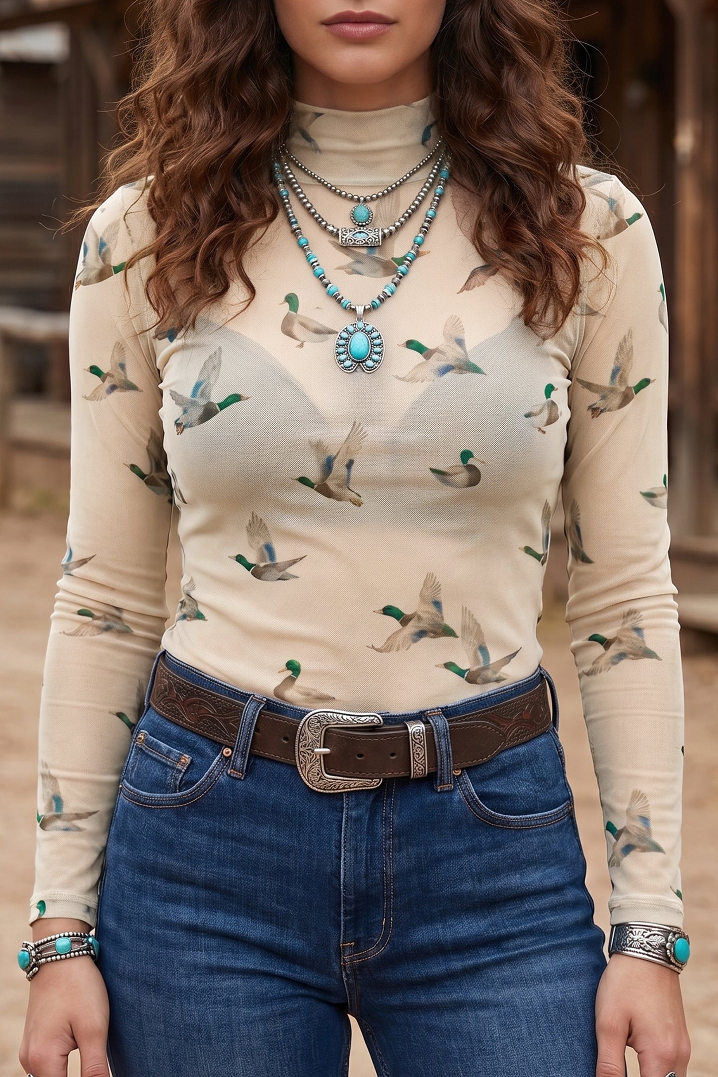 Western Duck Print Mesh Top Western High Neck Fitted