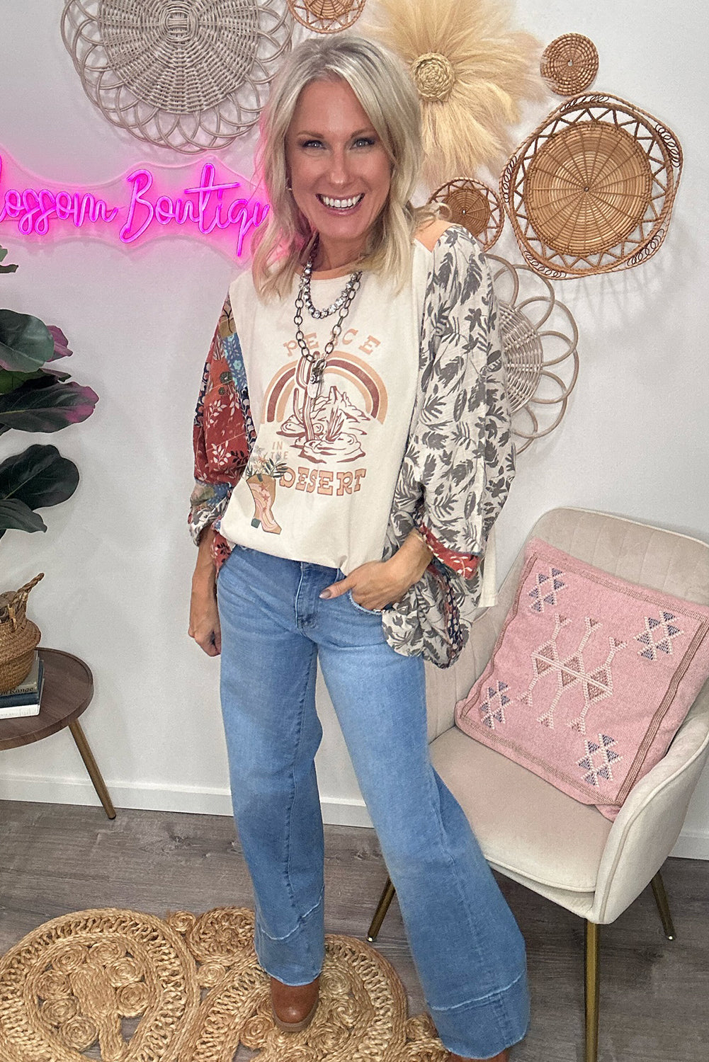 Multicolour Asymmetric Printed Patchwork Sleeve Peace Desert Graphic Top