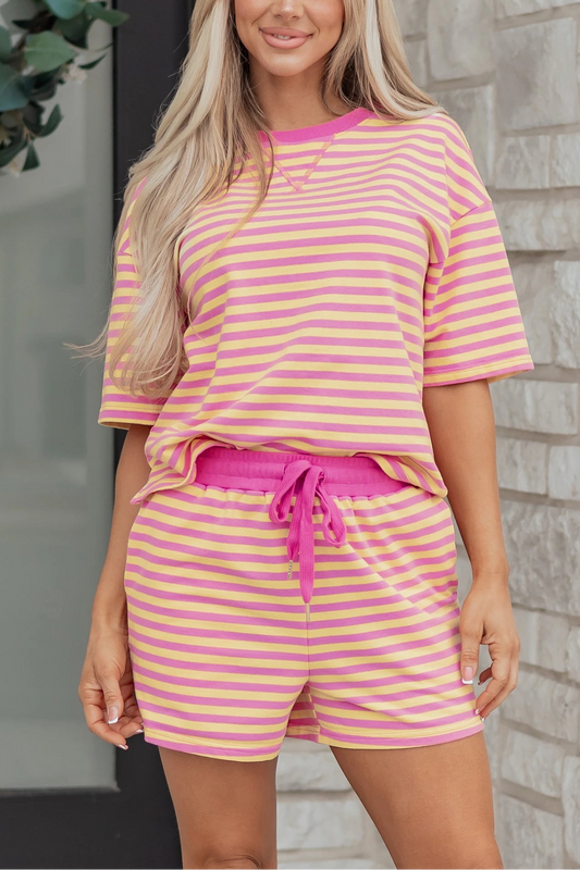 Rose Stripe Drop Shoulder Boxy Casual Terry Short Set