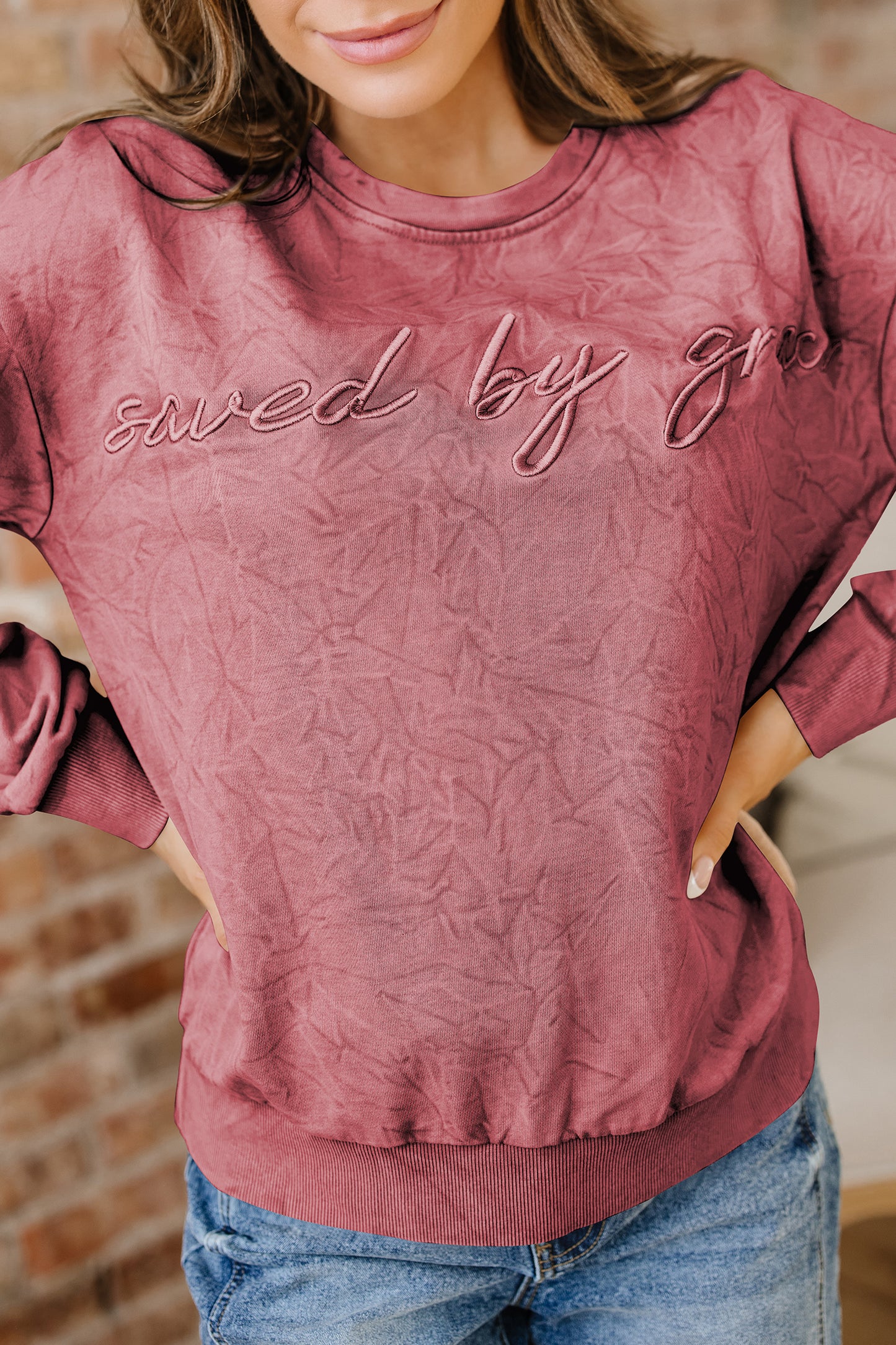Saved by grace Letter Embroidery Mineral Wash Loose Sweatshirt