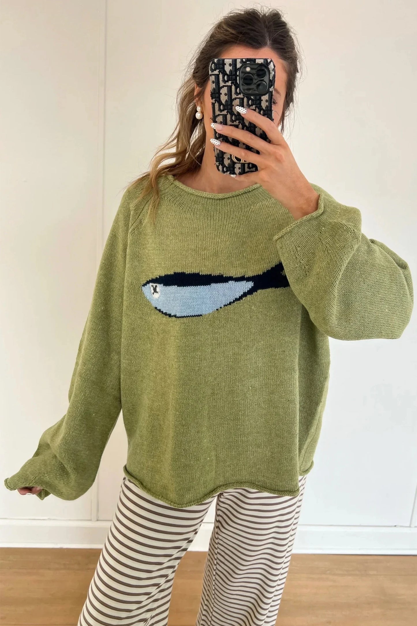 Meadow Mist Green Unique Fish Knit Oversized Round Neck Sweater