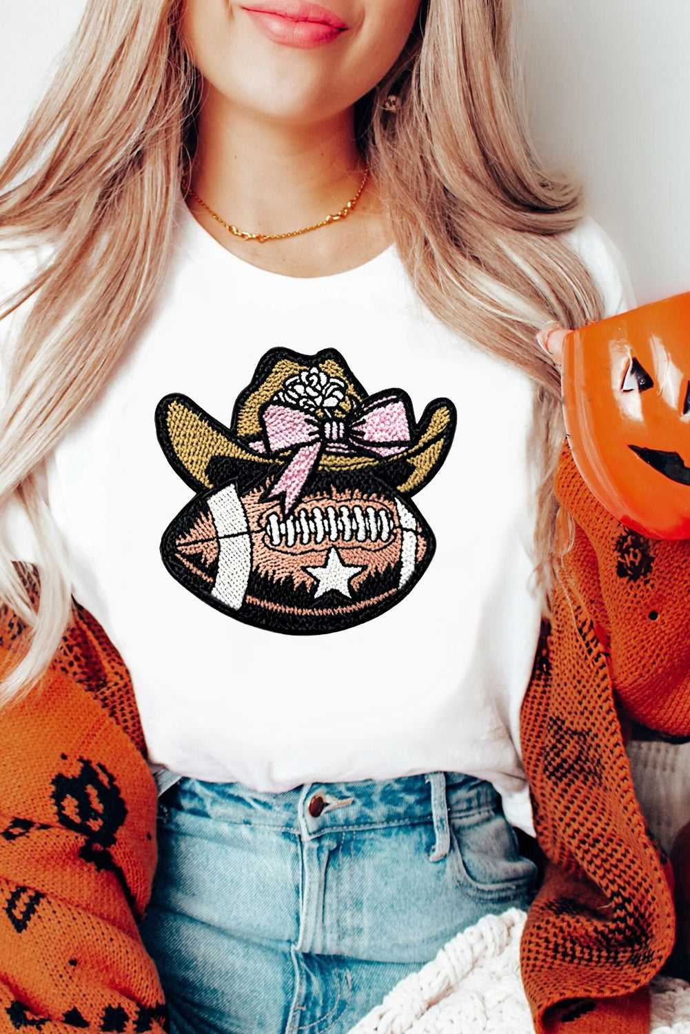 Western Cowgirl Football Embroidery Graphic T-Shirt