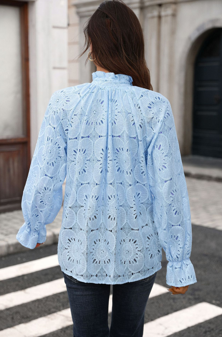 Eyelet Lace V Neck Top Long Sleeve Loose Casual Blouse