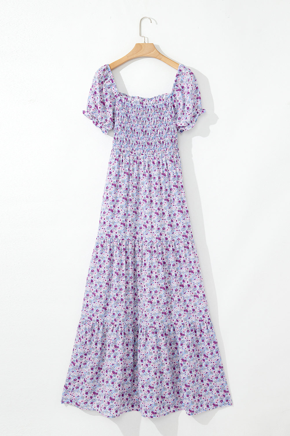 Purple Floral Short Bubble Sleeve Shirred High Waist Maxi Dress