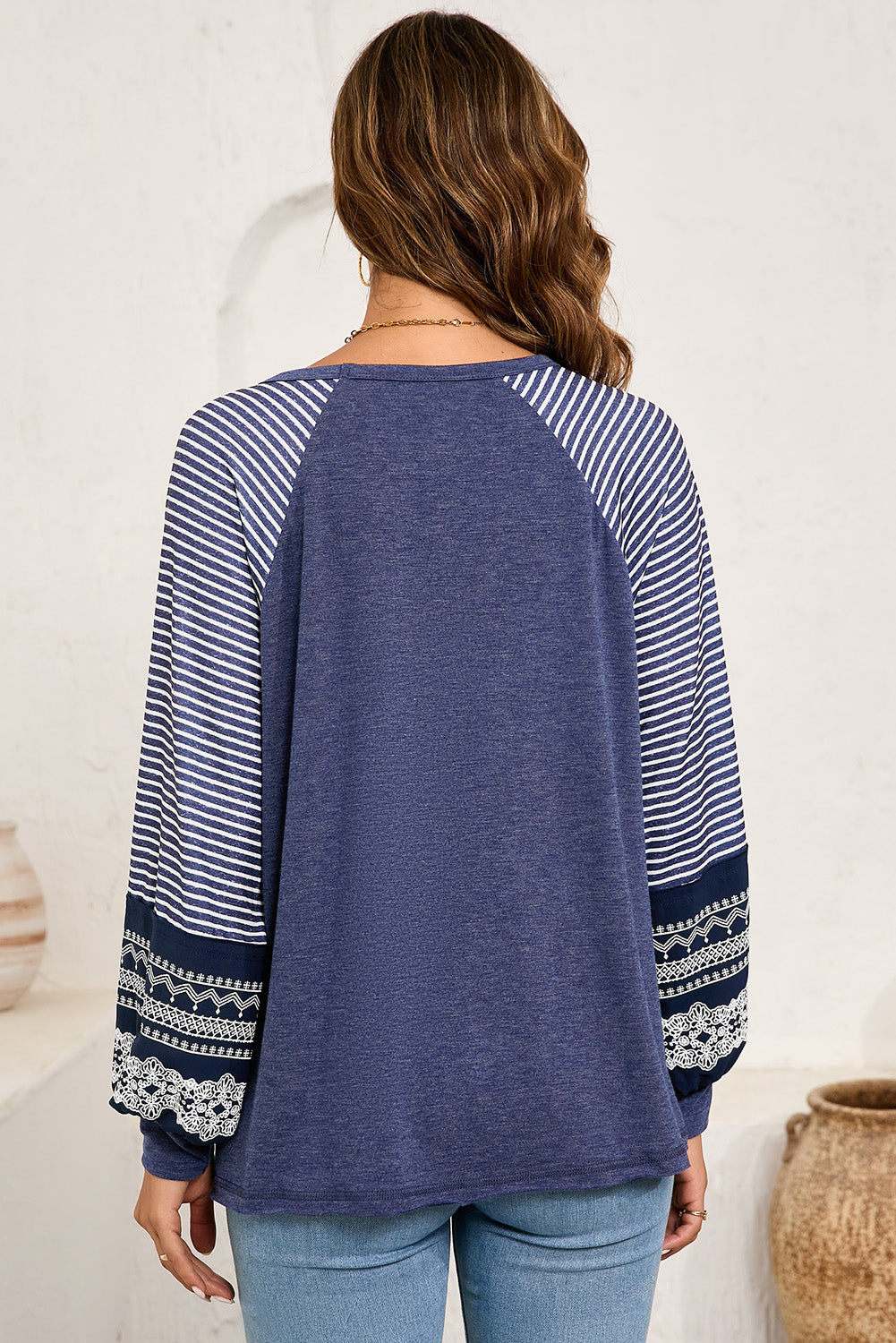 Tillandsia Purple Contrast Print Striped Raglan Long Sleeve Loose Top