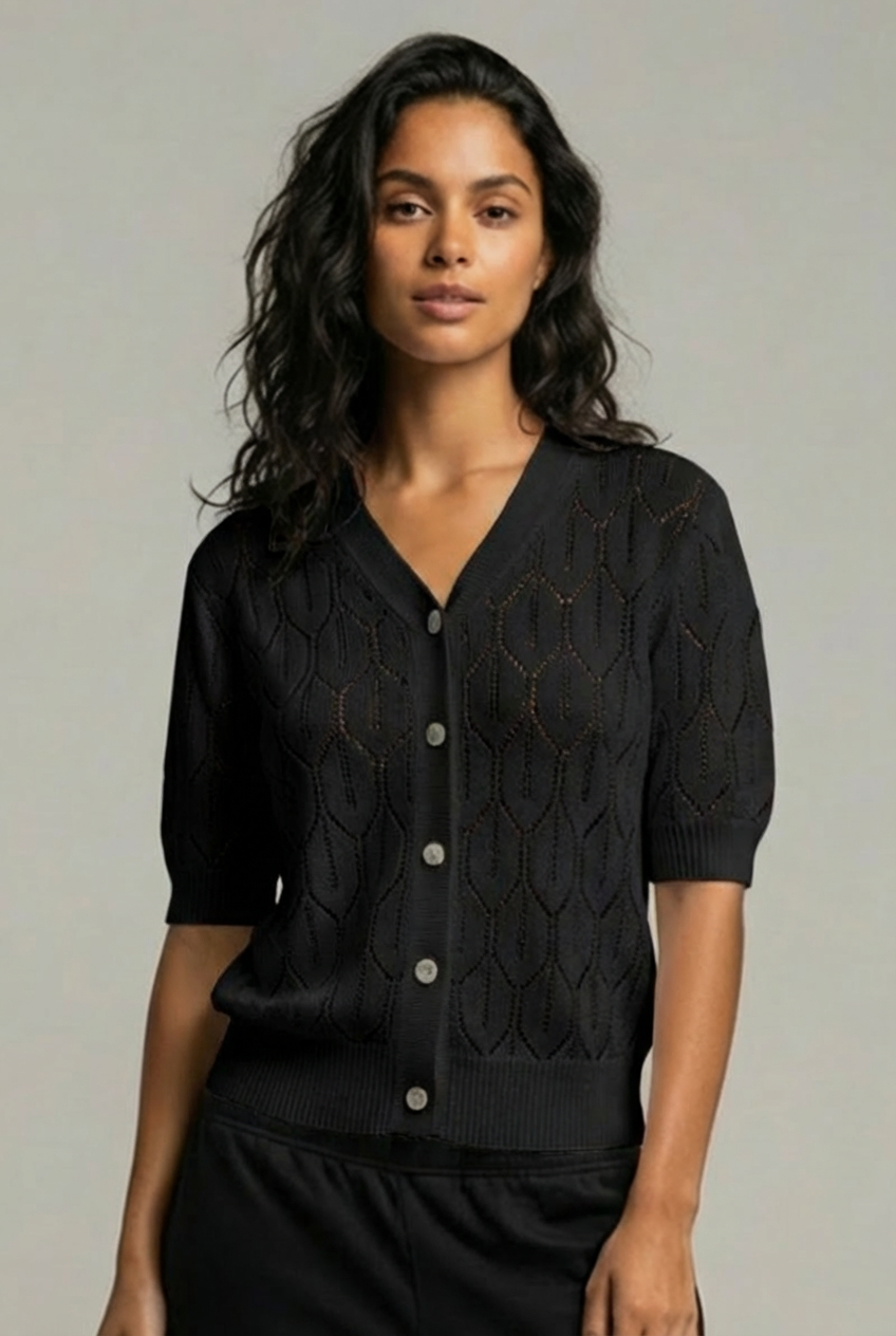 V Neck Knit Cardigan Button Front Short Sleeve Top