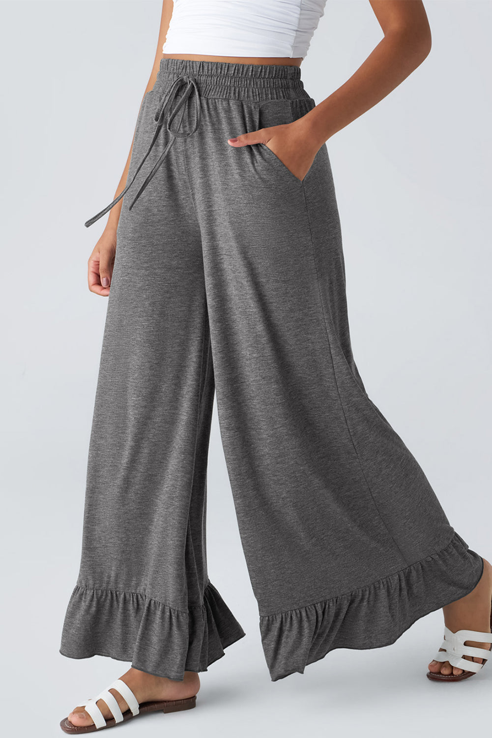 Wide Leg Pull On High Waist Pants with Pockets