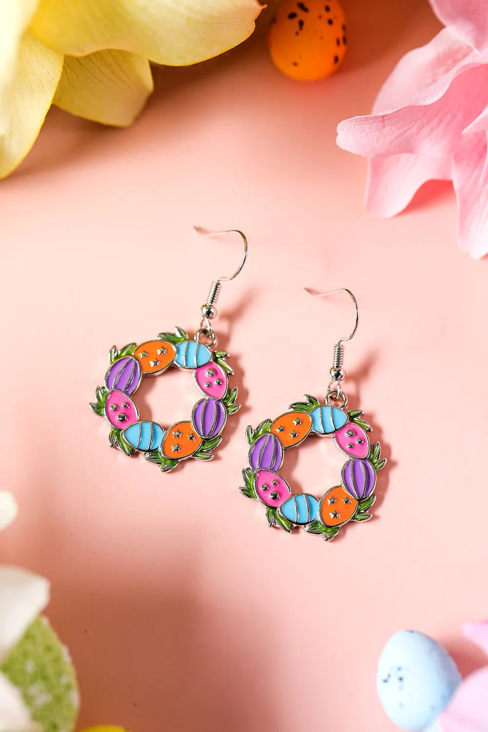 Silvery Easter Eggs Floral Hoop Dangle Earrings