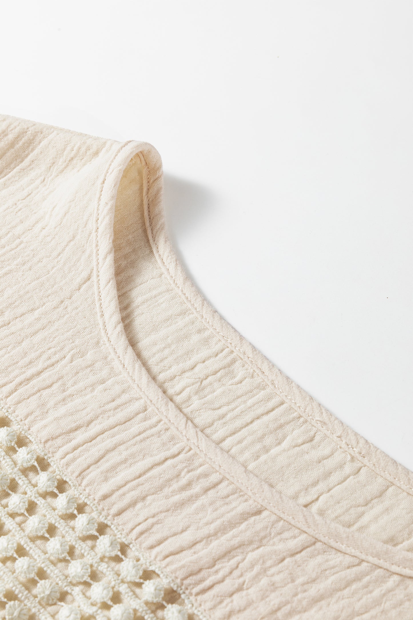Beige Crochet Insert Textured Cotton Short Sleeve Blouse Top