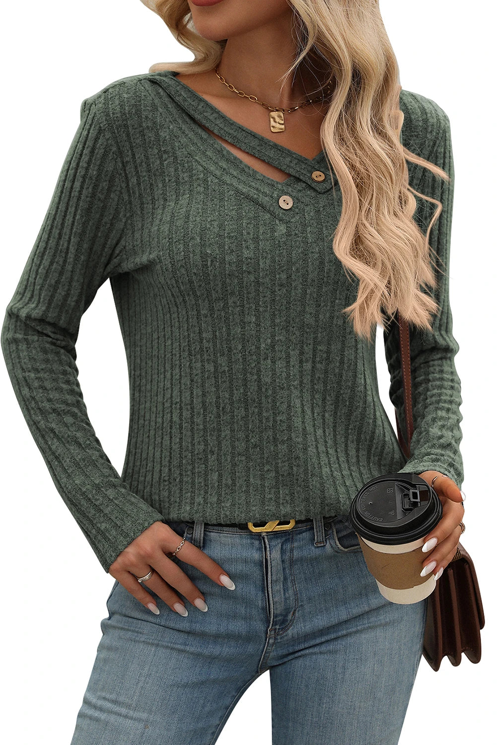 Ribbed Long Sleeve Buttoned Strap V Neck Top