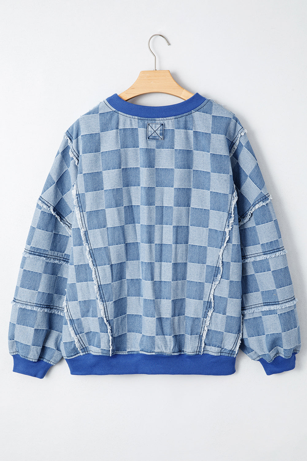 Sky Blue Checkerboard Splicing Raw Detail Oversized Denim Pullover