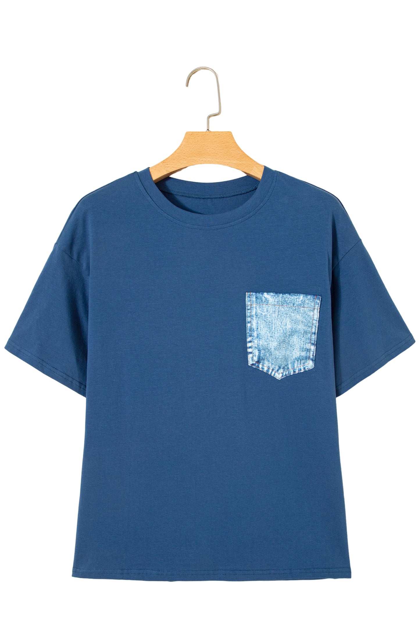 Sail Blue Color Block Chest Pocket Patched Casual Short Sleeve Top
