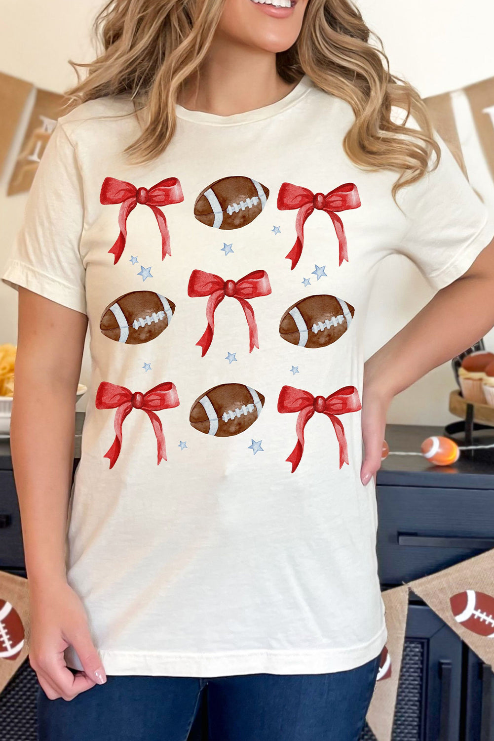 White Bowknot Rugby Graphic Crew Neck Tee