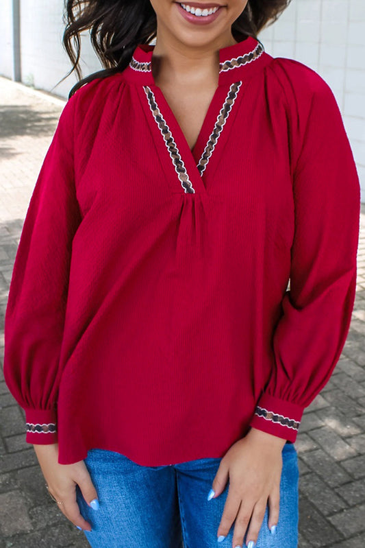 Racing Red Leopard Jacquard Print V Neck Textured Blouse