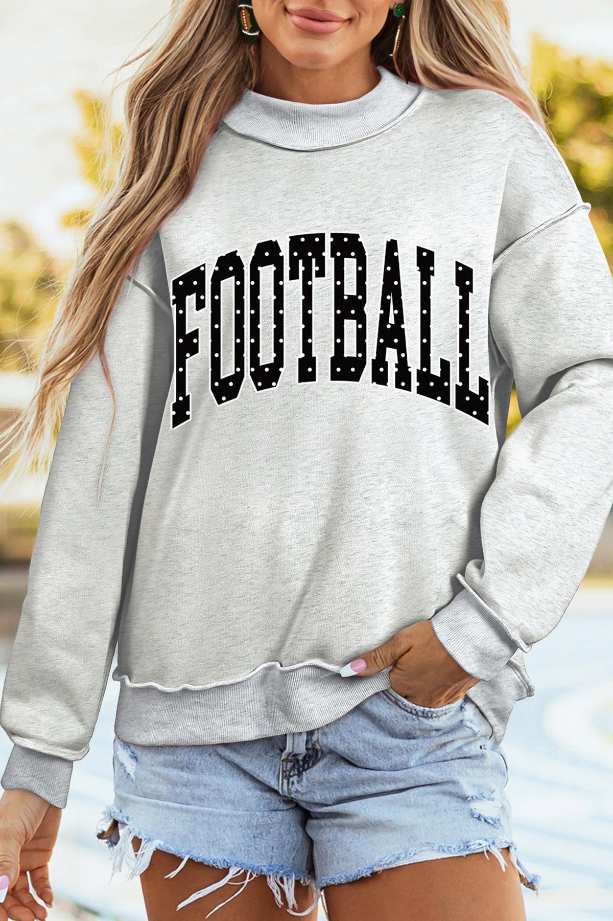 Light Grey Polka Dot Football Letter Print Mock Neck Long Sleeve Pullover Sweatshirt