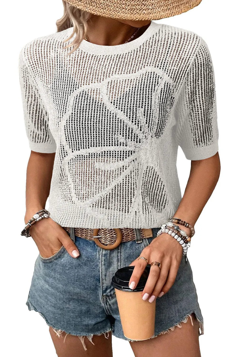 White Solid Color Hollow Out Knit Big Flower Accent Swimwear Cover Up Top