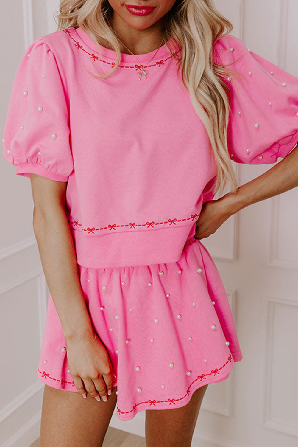 Pink Contrast Bow Trim Pearl Puff Sleeve Blouse and Skort 2pcs Set
