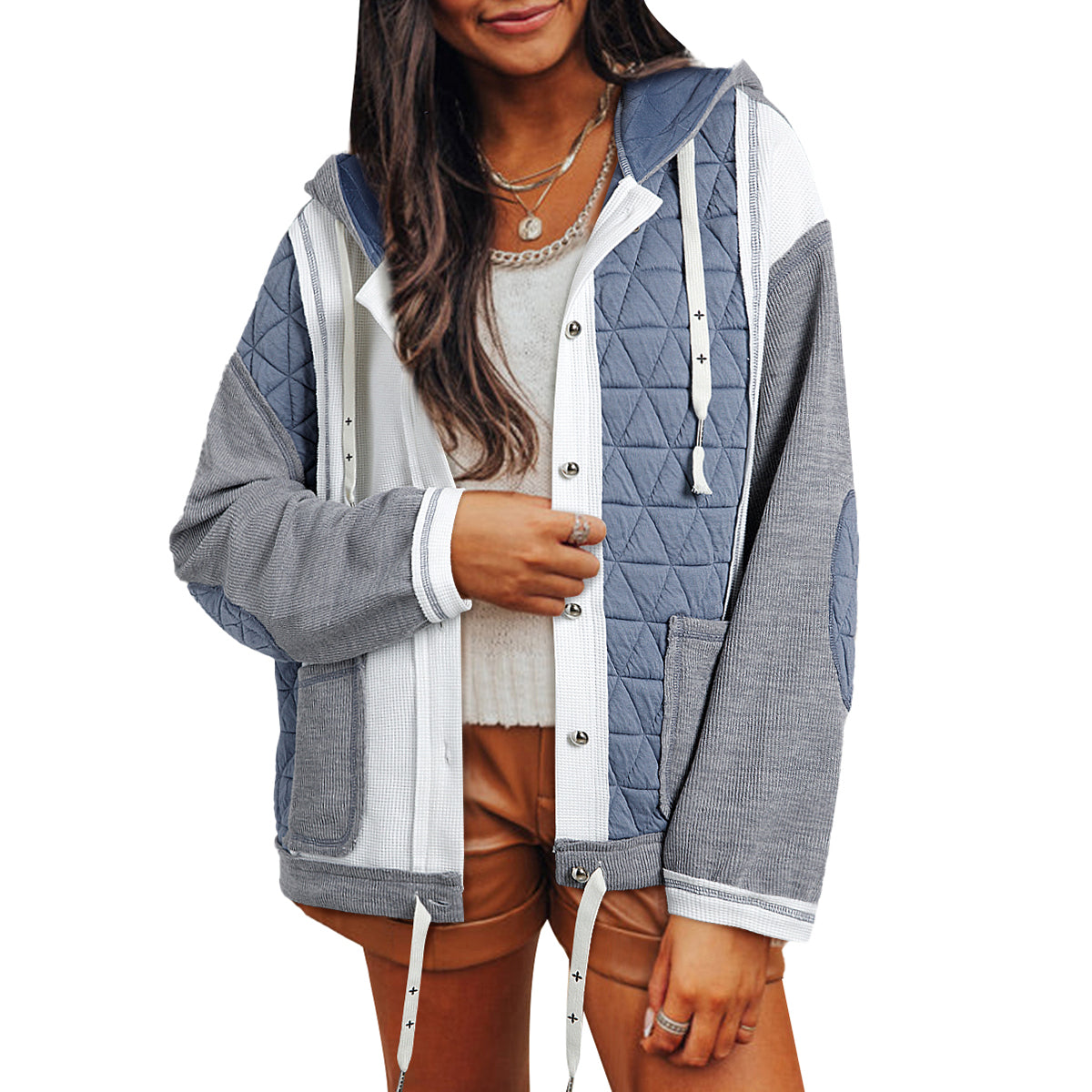 Jungle Green Quilted Textured Patchwork Loose Fit Hooded Jacket