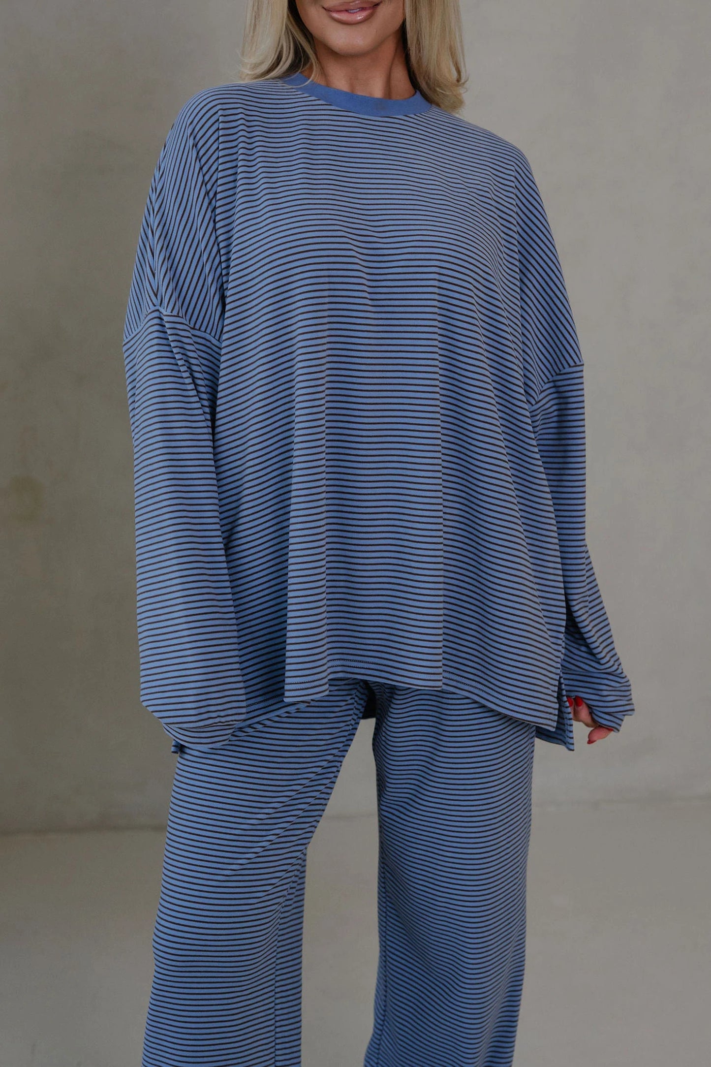 Pink Striped Drop Shoulder Long Sleeve Pant Set